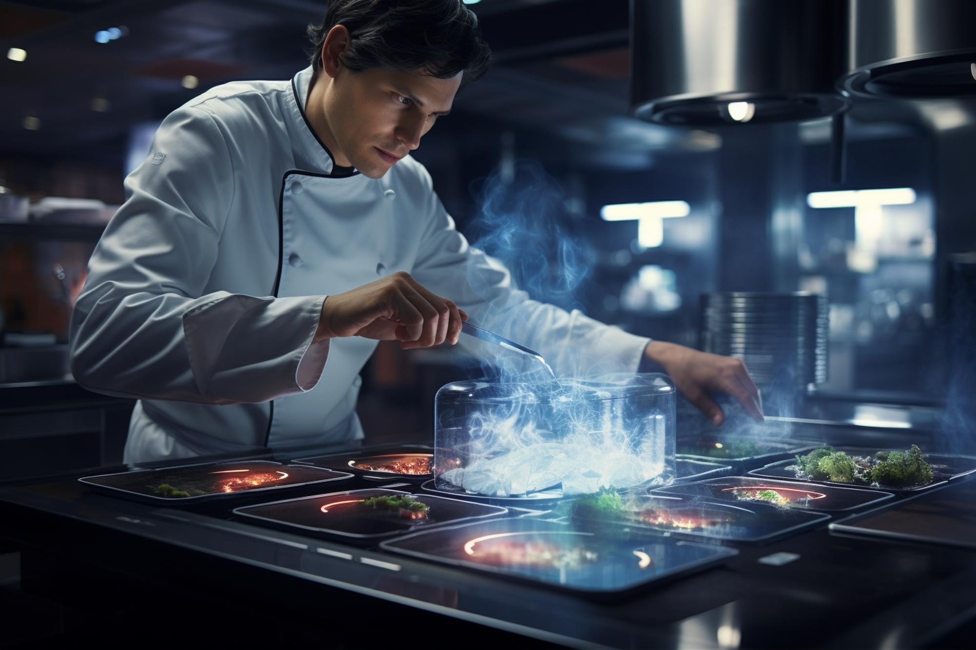Chef locale che cucina con tecnologie moderne